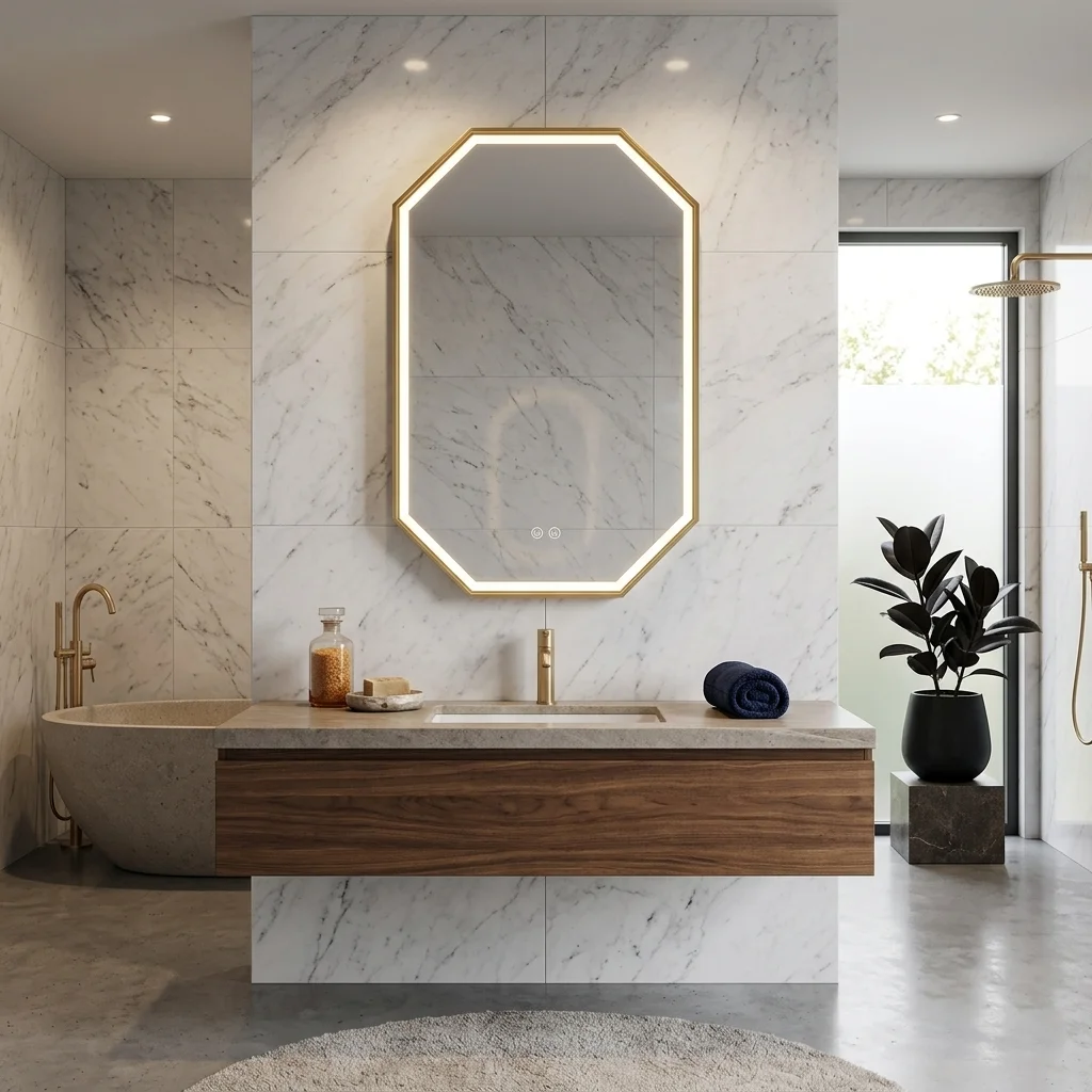 Marble bathroom with a wood vanity, gold faucet, and an illuminated octagonal mirror above a built-in sink area.