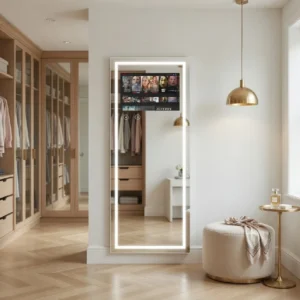 Full-length backlit vanity mirror in a bright walk-in closet with glass-front wardrobes and wooden floors nearby.