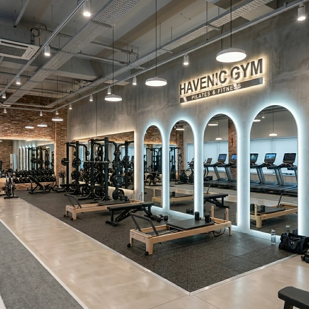 Interior view of Havenic Gym Pilates & Fitness with weight racks, benches, and treadmills along mirrored wall under industrial ceiling lights