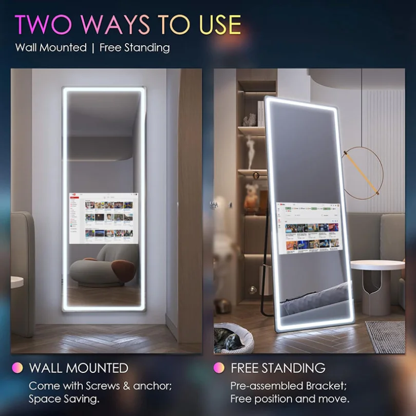 Two tall LED mirrors: left wall-mounted with screws; right freestanding with a bracket, both showing a webpage on the display