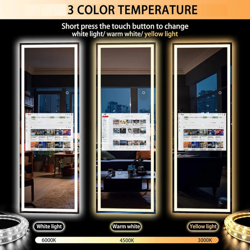 Infographic showing three lighting options: white light (6000K), warm white (4500K), and yellow light (3000K) with a touch-button control for switching.
